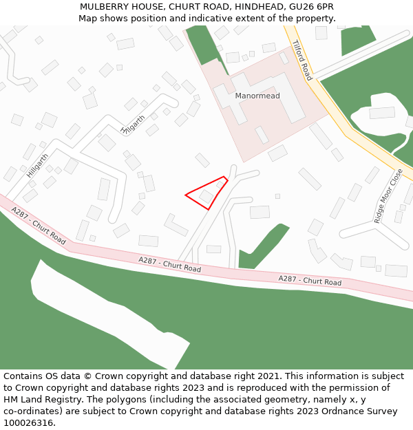 MULBERRY HOUSE, CHURT ROAD, HINDHEAD, GU26 6PR: Location map and indicative extent of plot