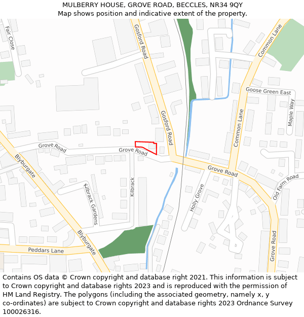 MULBERRY HOUSE, GROVE ROAD, BECCLES, NR34 9QY: Location map and indicative extent of plot