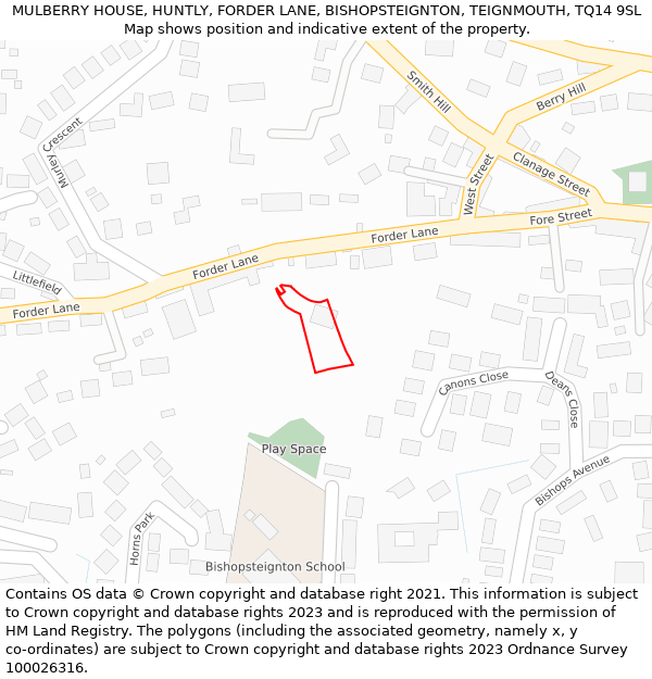 MULBERRY HOUSE, HUNTLY, FORDER LANE, BISHOPSTEIGNTON, TEIGNMOUTH, TQ14 9SL: Location map and indicative extent of plot