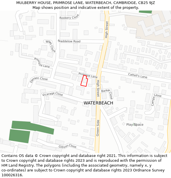 MULBERRY HOUSE, PRIMROSE LANE, WATERBEACH, CAMBRIDGE, CB25 9JZ: Location map and indicative extent of plot