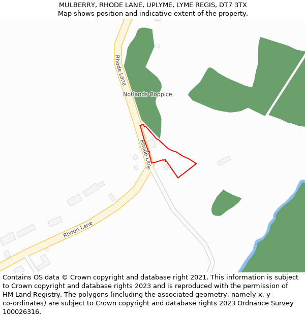 MULBERRY, RHODE LANE, UPLYME, LYME REGIS, DT7 3TX: Location map and indicative extent of plot