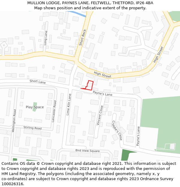 MULLION LODGE, PAYNES LANE, FELTWELL, THETFORD, IP26 4BA: Location map and indicative extent of plot