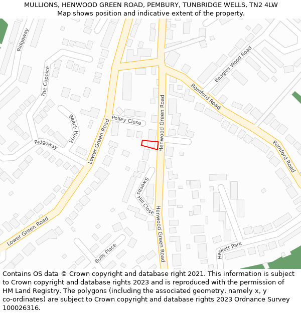 MULLIONS, HENWOOD GREEN ROAD, PEMBURY, TUNBRIDGE WELLS, TN2 4LW: Location map and indicative extent of plot