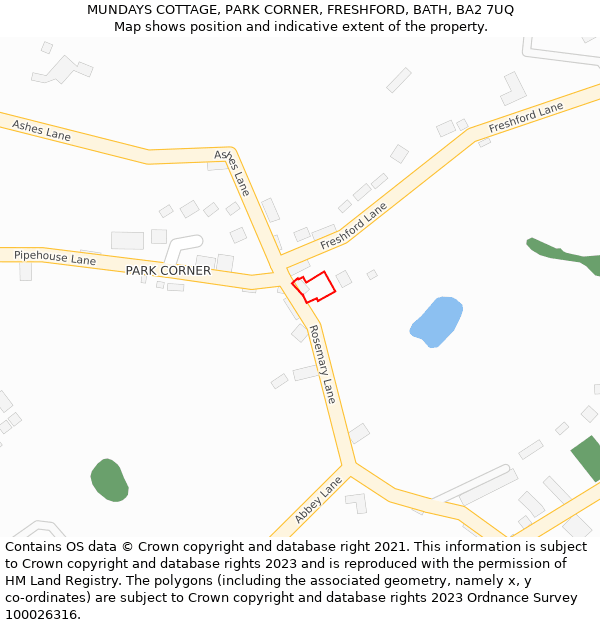 MUNDAYS COTTAGE, PARK CORNER, FRESHFORD, BATH, BA2 7UQ: Location map and indicative extent of plot
