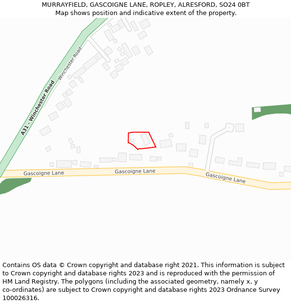 MURRAYFIELD, GASCOIGNE LANE, ROPLEY, ALRESFORD, SO24 0BT: Location map and indicative extent of plot