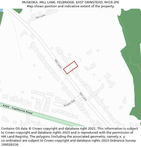 MUSKOKA, MILL LANE, FELBRIDGE, EAST GRINSTEAD, RH19 2PE: Location map and indicative extent of plot