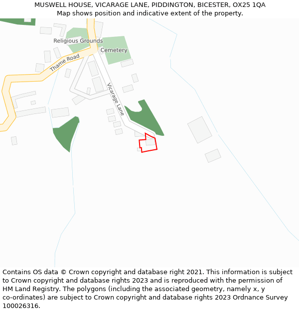 MUSWELL HOUSE, VICARAGE LANE, PIDDINGTON, BICESTER, OX25 1QA: Location map and indicative extent of plot