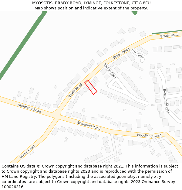 MYOSOTIS, BRADY ROAD, LYMINGE, FOLKESTONE, CT18 8EU: Location map and indicative extent of plot