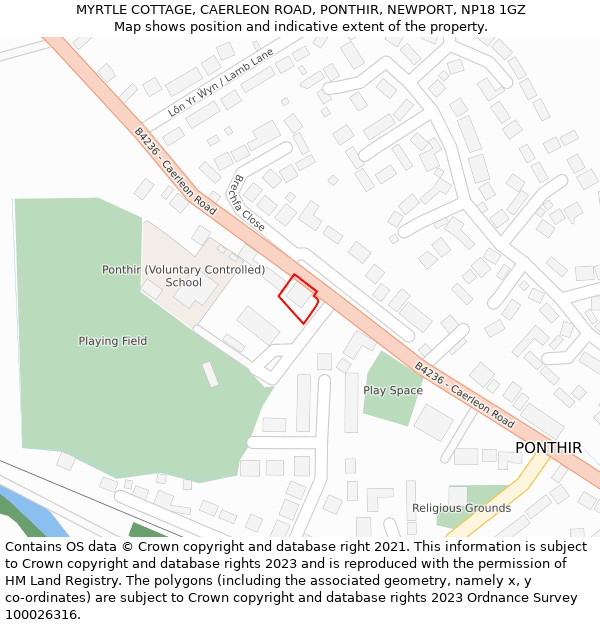 MYRTLE COTTAGE, CAERLEON ROAD, PONTHIR, NEWPORT, NP18 1GZ: Location map and indicative extent of plot
