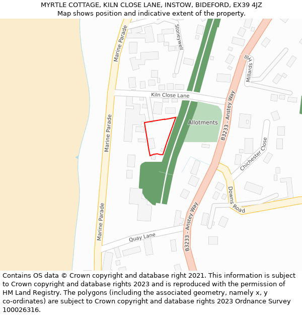 MYRTLE COTTAGE, KILN CLOSE LANE, INSTOW, BIDEFORD, EX39 4JZ: Location map and indicative extent of plot