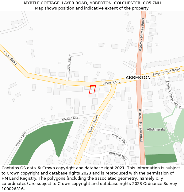 MYRTLE COTTAGE, LAYER ROAD, ABBERTON, COLCHESTER, CO5 7NH: Location map and indicative extent of plot