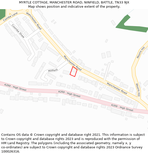 MYRTLE COTTAGE, MANCHESTER ROAD, NINFIELD, BATTLE, TN33 9JX: Location map and indicative extent of plot