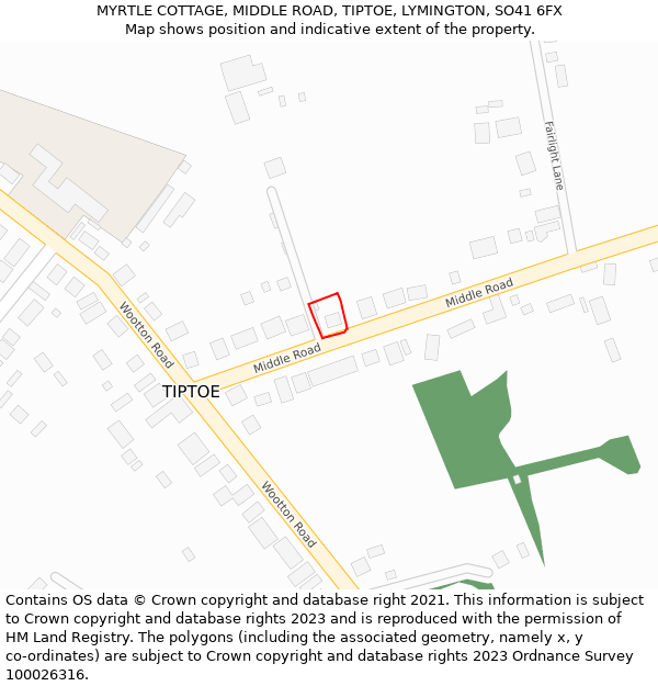MYRTLE COTTAGE, MIDDLE ROAD, TIPTOE, LYMINGTON, SO41 6FX: Location map and indicative extent of plot