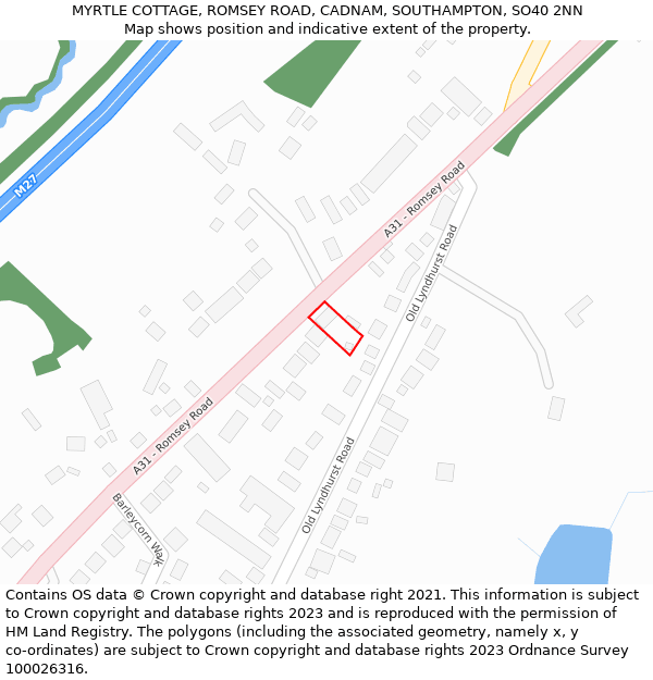 MYRTLE COTTAGE, ROMSEY ROAD, CADNAM, SOUTHAMPTON, SO40 2NN: Location map and indicative extent of plot