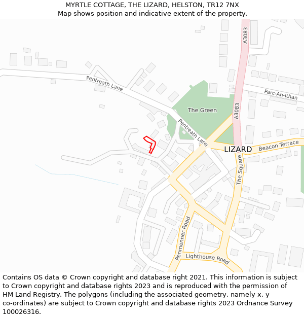 MYRTLE COTTAGE, THE LIZARD, HELSTON, TR12 7NX: Location map and indicative extent of plot