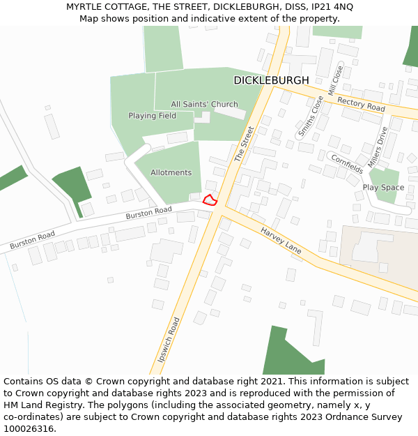 MYRTLE COTTAGE, THE STREET, DICKLEBURGH, DISS, IP21 4NQ: Location map and indicative extent of plot