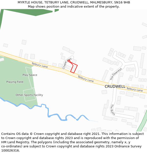 MYRTLE HOUSE, TETBURY LANE, CRUDWELL, MALMESBURY, SN16 9HB: Location map and indicative extent of plot