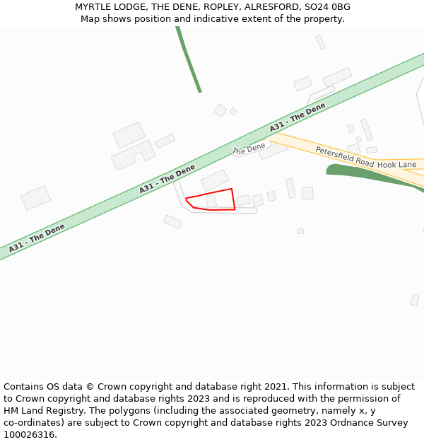 MYRTLE LODGE, THE DENE, ROPLEY, ALRESFORD, SO24 0BG: Location map and indicative extent of plot