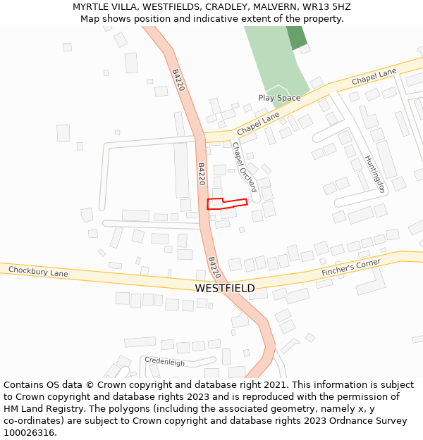 MYRTLE VILLA, WESTFIELDS, CRADLEY, MALVERN, WR13 5HZ: Location map and indicative extent of plot