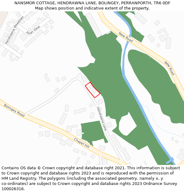 NANSMOR COTTAGE, HENDRAWNA LANE, BOLINGEY, PERRANPORTH, TR6 0DF: Location map and indicative extent of plot