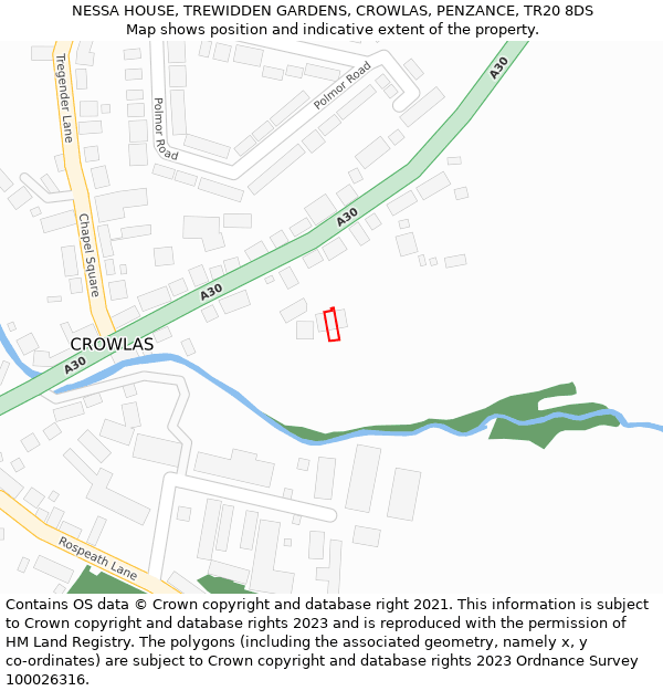NESSA HOUSE, TREWIDDEN GARDENS, CROWLAS, PENZANCE, TR20 8DS: Location map and indicative extent of plot