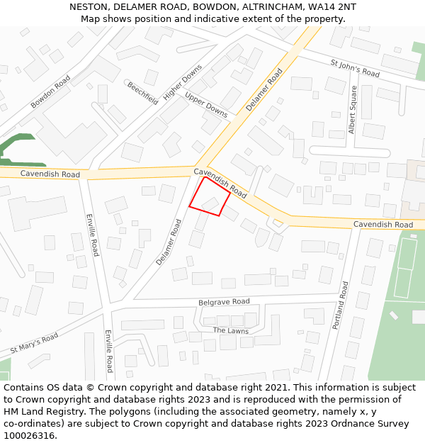 NESTON, DELAMER ROAD, BOWDON, ALTRINCHAM, WA14 2NT: Location map and indicative extent of plot