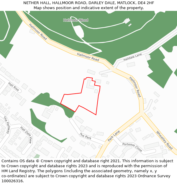 NETHER HALL, HALLMOOR ROAD, DARLEY DALE, MATLOCK, DE4 2HF: Location map and indicative extent of plot