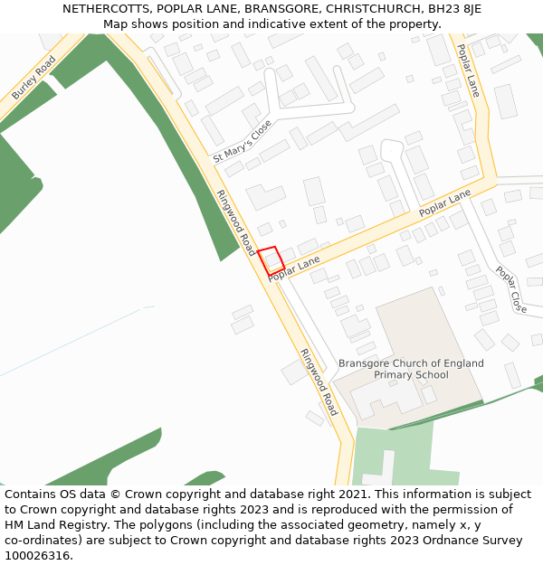 NETHERCOTTS, POPLAR LANE, BRANSGORE, CHRISTCHURCH, BH23 8JE: Location map and indicative extent of plot