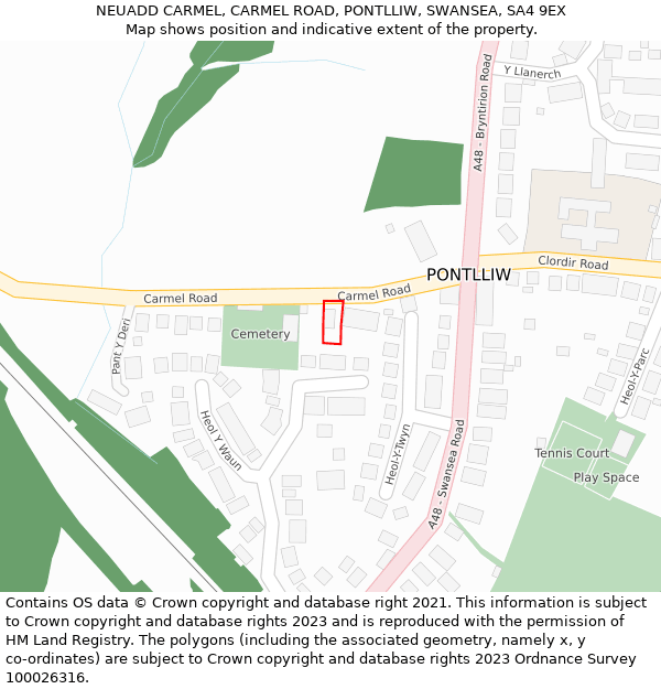 NEUADD CARMEL, CARMEL ROAD, PONTLLIW, SWANSEA, SA4 9EX: Location map and indicative extent of plot