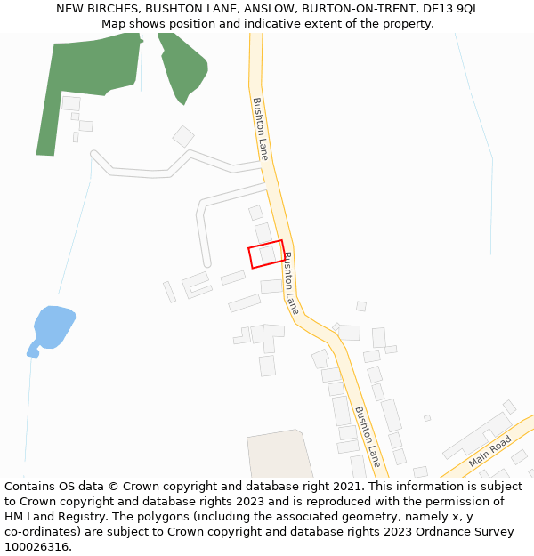 NEW BIRCHES, BUSHTON LANE, ANSLOW, BURTON-ON-TRENT, DE13 9QL: Location map and indicative extent of plot