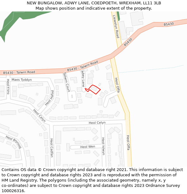 NEW BUNGALOW, ADWY LANE, COEDPOETH, WREXHAM, LL11 3LB: Location map and indicative extent of plot