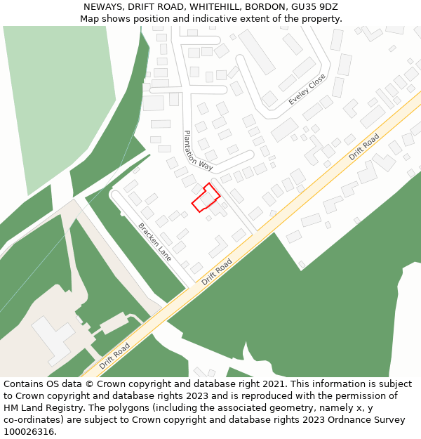 NEWAYS, DRIFT ROAD, WHITEHILL, BORDON, GU35 9DZ: Location map and indicative extent of plot