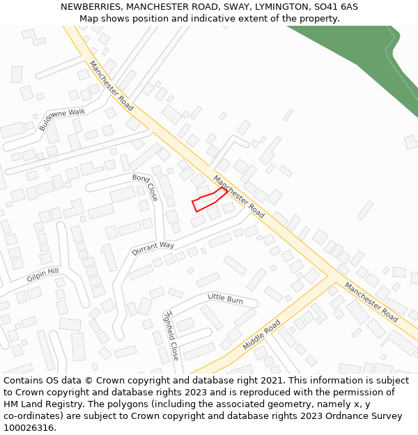 NEWBERRIES, MANCHESTER ROAD, SWAY, LYMINGTON, SO41 6AS: Location map and indicative extent of plot