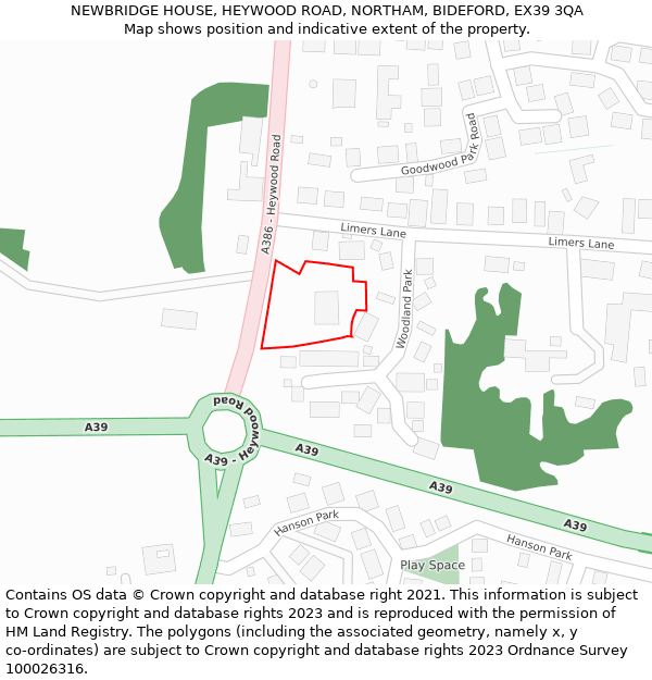 NEWBRIDGE HOUSE, HEYWOOD ROAD, NORTHAM, BIDEFORD, EX39 3QA: Location map and indicative extent of plot