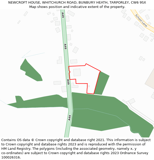 NEWCROFT HOUSE, WHITCHURCH ROAD, BUNBURY HEATH, TARPORLEY, CW6 9SX: Location map and indicative extent of plot