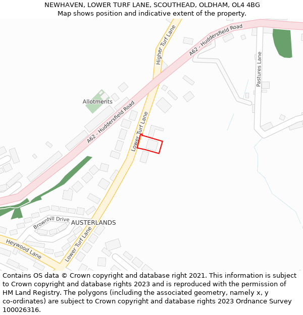 NEWHAVEN, LOWER TURF LANE, SCOUTHEAD, OLDHAM, OL4 4BG: Location map and indicative extent of plot