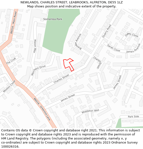 NEWLANDS, CHARLES STREET, LEABROOKS, ALFRETON, DE55 1LZ: Location map and indicative extent of plot