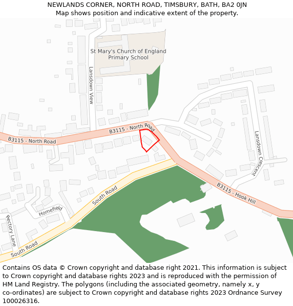 NEWLANDS CORNER, NORTH ROAD, TIMSBURY, BATH, BA2 0JN: Location map and indicative extent of plot