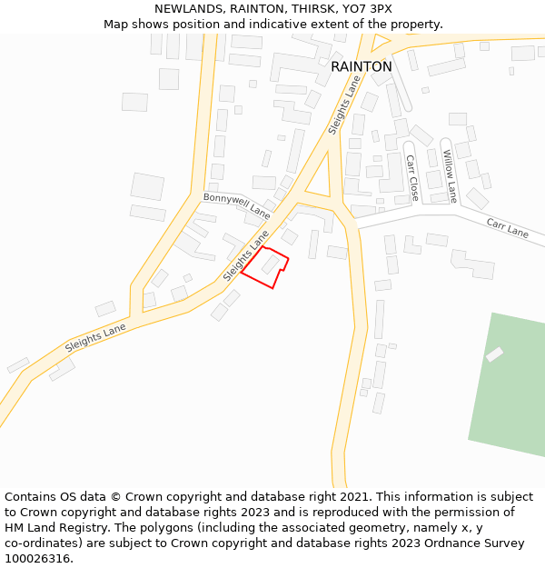 NEWLANDS, RAINTON, THIRSK, YO7 3PX: Location map and indicative extent of plot