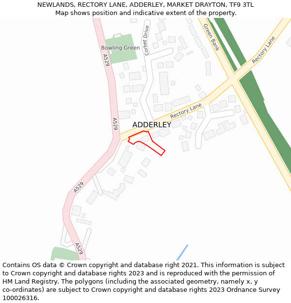 NEWLANDS, RECTORY LANE, ADDERLEY, MARKET DRAYTON, TF9 3TL: Location map and indicative extent of plot