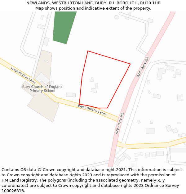 NEWLANDS, WESTBURTON LANE, BURY, PULBOROUGH, RH20 1HB: Location map and indicative extent of plot