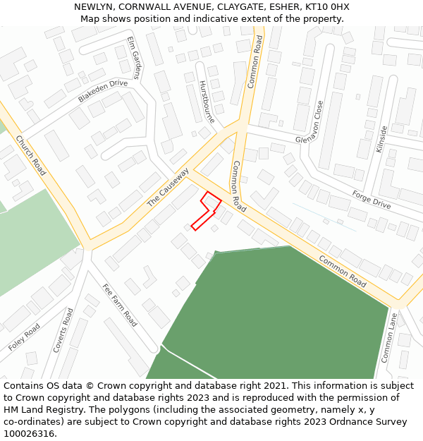 NEWLYN, CORNWALL AVENUE, CLAYGATE, ESHER, KT10 0HX: Location map and indicative extent of plot