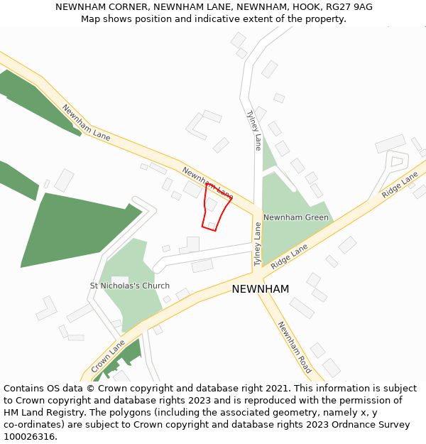 NEWNHAM CORNER, NEWNHAM LANE, NEWNHAM, HOOK, RG27 9AG: Location map and indicative extent of plot