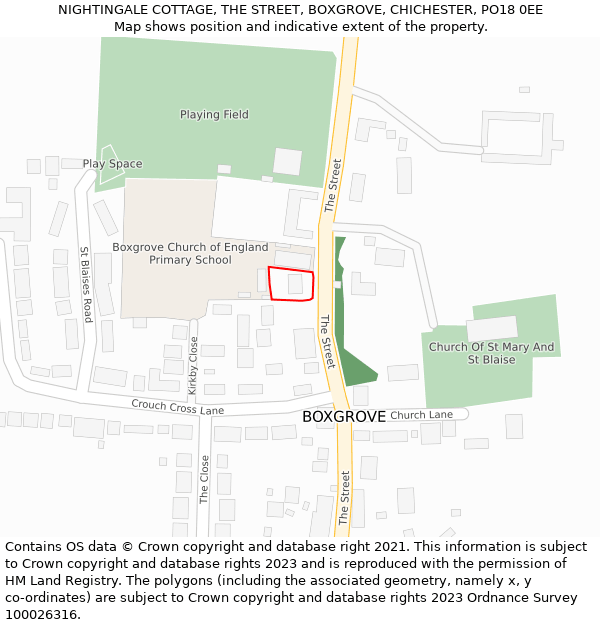 NIGHTINGALE COTTAGE, THE STREET, BOXGROVE, CHICHESTER, PO18 0EE: Location map and indicative extent of plot