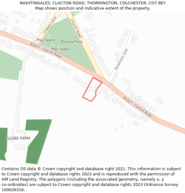NIGHTINGALES, CLACTON ROAD, THORRINGTON, COLCHESTER, CO7 8EY: Location map and indicative extent of plot