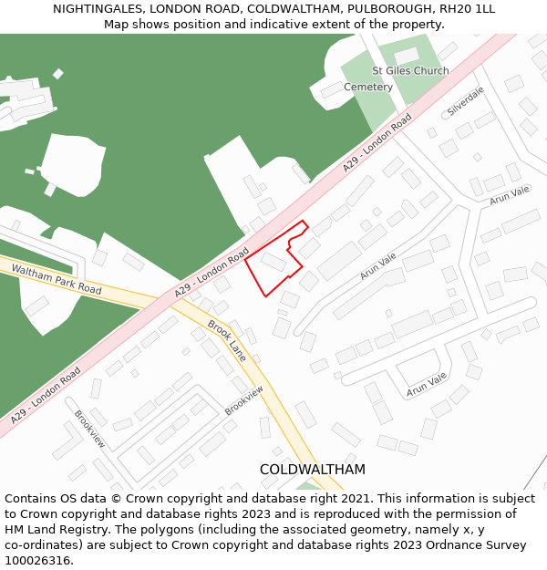 NIGHTINGALES, LONDON ROAD, COLDWALTHAM, PULBOROUGH, RH20 1LL: Location map and indicative extent of plot