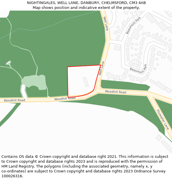 NIGHTINGALES, WELL LANE, DANBURY, CHELMSFORD, CM3 4AB: Location map and indicative extent of plot