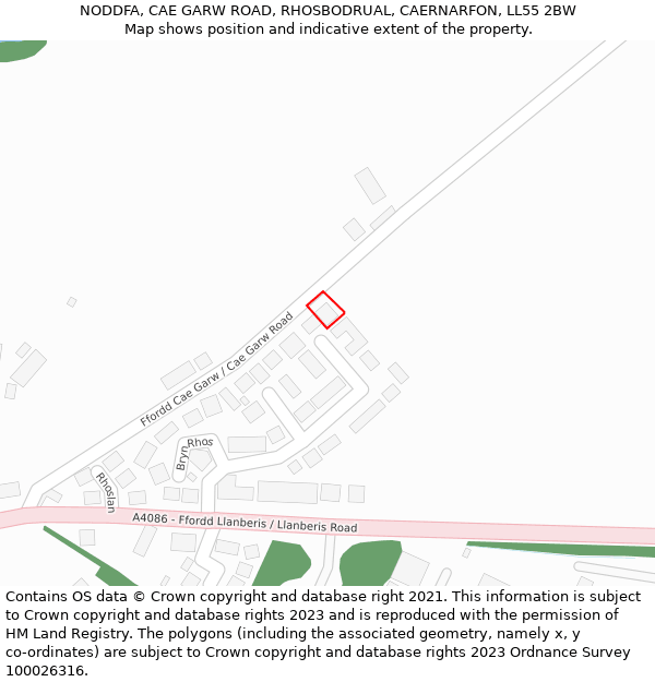 NODDFA, CAE GARW ROAD, RHOSBODRUAL, CAERNARFON, LL55 2BW: Location map and indicative extent of plot