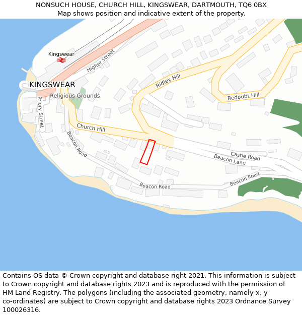 NONSUCH HOUSE, CHURCH HILL, KINGSWEAR, DARTMOUTH, TQ6 0BX: Location map and indicative extent of plot