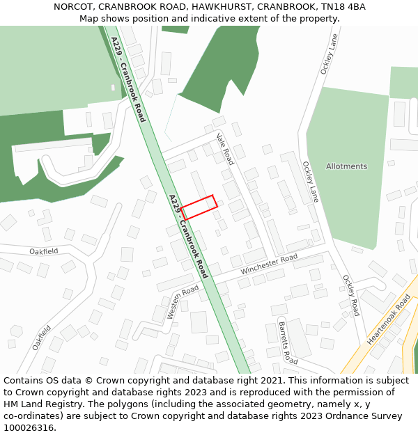 NORCOT, CRANBROOK ROAD, HAWKHURST, CRANBROOK, TN18 4BA: Location map and indicative extent of plot